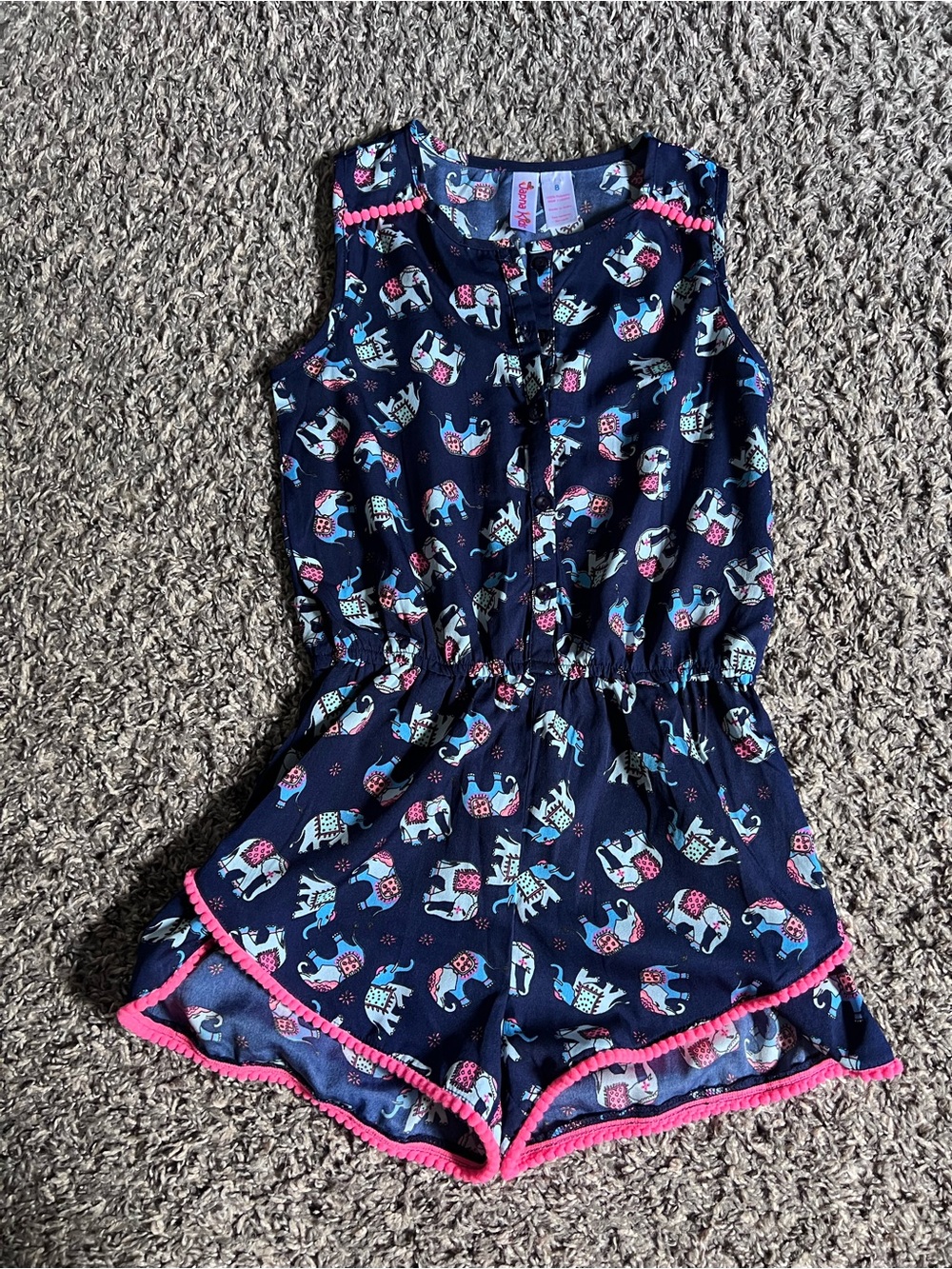 Navy Elephant-Print Girls Romper with Pink Trim